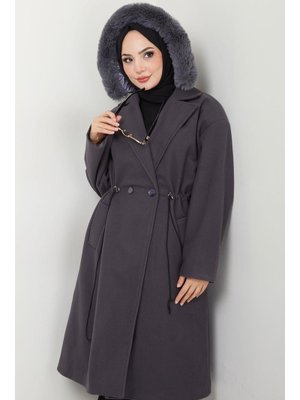 Füme Kapüşonlu Beli Büzgülü Kaşe Kaban Füme Kapüşonlu Beli Büzgülü Kaşe Kaban