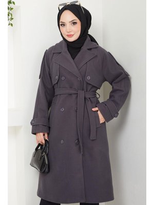 Füme Kruvaze Yaka Düğmeli Kuşaklı Kaşe Kaban Füme Kruvaze Yaka Düğmeli Kuşaklı Kaşe Kaban