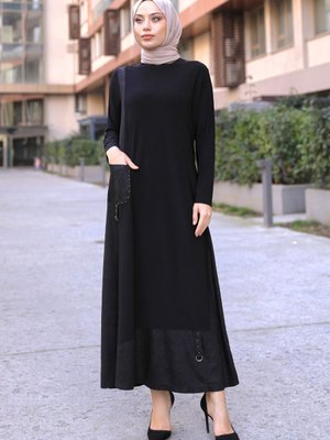 Amine Deri Detaylı Elbise Siyah