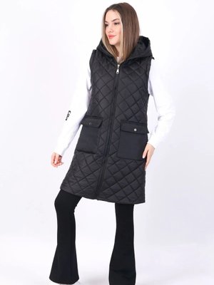 Fermuar Detaylı Uzun Kapitone Kapüşonlu Yelek