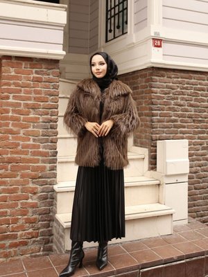 İçi Astarlı İthal Suni Kipri Kürk Ceket Kahverengi