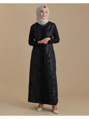 Siyah İkili Takım Organze Desenli Kemerli Abaya Ferace