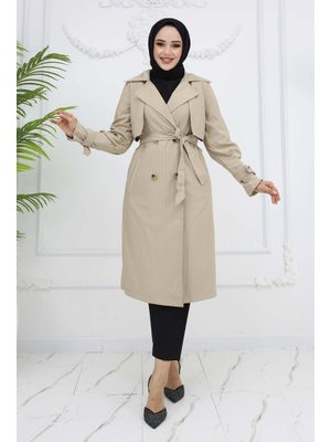 Taş Rengi Bel Ve Kol Kemerli Çizgili Trençkot