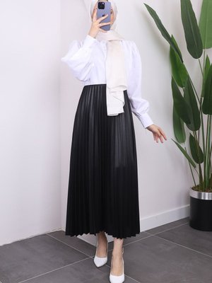 Deri Görünümlü Pliseli Etek