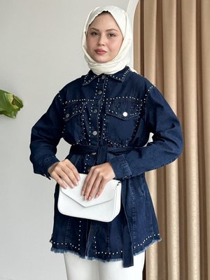 Taş Detaylı Kot Mavi Gömlek Ceket Taş Detaylı Kot Mavi Gömlek Ceket