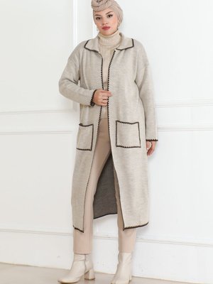 Uzun Cep Kenar Detaylı Triko Hirka Taş Rengi