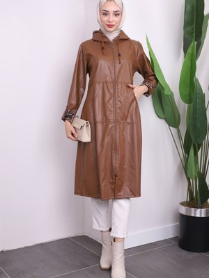 Taba Kapüşonlu Kol Katlı Deri Trençkot Taba Kapüşonlu Kol Katlı Deri Trençkot