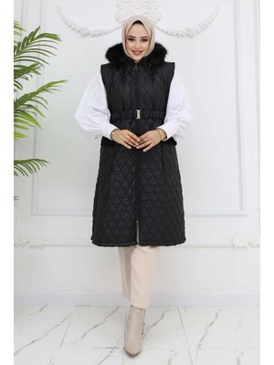 Siyah Kemerli Kapüşonlu Kapitone Şişme Yelek