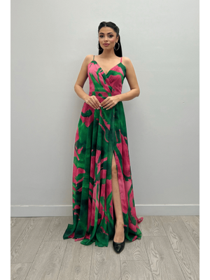 Yeşil Organze Sifon Kumaş Desenli Maxi Elbise