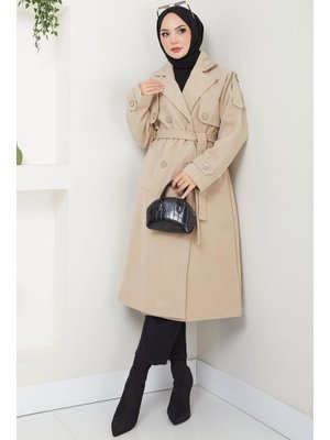 Bej Kruvaze Yaka Düğmeli Kuşaklı Kaşe Kaban Bej Kruvaze Yaka Düğmeli Kuşaklı Kaşe Kaban