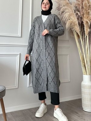 Baklava Desen Uzun Gri Triko Hırka Baklava Desen Uzun Gri Triko Hırka