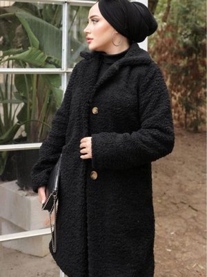 Kruvaze Yaka Peluş Mont Siyah Kruvaze Yaka Peluş Mont Siyah