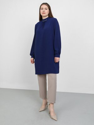 Lacivert Büyük Beden Taş Detaylı Aerobin Tunik