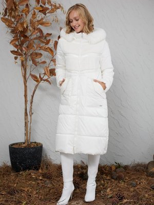 Ekru Rugan Şeritli Kürklü Kaban