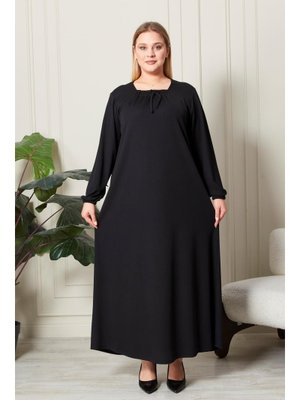 Siyah Büyük Beden Kare Yaka Fitilli Elbise Siyah Büyük Beden Kare Yaka Fitilli Elbise