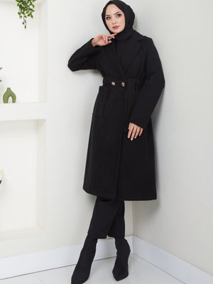 Siyah Ceket Yaka Düğmeli Kuşaklı Kaşe Kaban