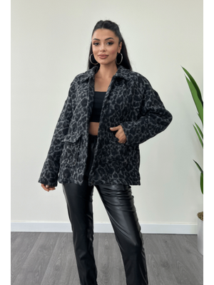 Siyah Leopar Desenli Kaşe Kumaş Kaban