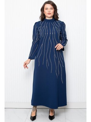 Lacivert Taş Baskı Detaylı Abiye Elbise