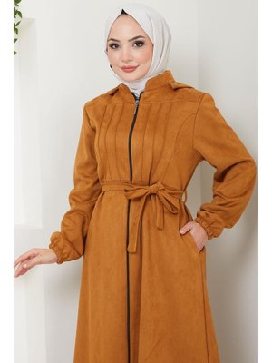 Taba Nervürlü Kapüşonlu Süet Ferace Taba Nervürlü Kapüşonlu Süet Ferace