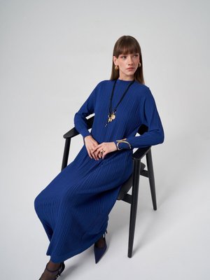 Triko Ince Fitilli Uzun Elbise Saks