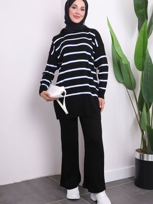 Siyah Çizgili Triko Tunik Pantolon Takım