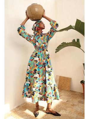 Pamuk Desenli Beli Büzgülü Gömlek Elbise Mavi Yeşil Pamuk Desenli Beli Büzgülü Gömlek Elbise Mavi Yeşil