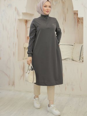 Trend Halkalı Fermuar Ve Yüksek Yaka Tunik