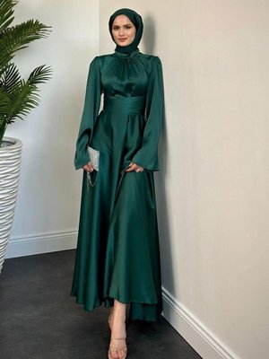 İspanyol Kol Belden Çapraz Bağlama Saten Elbise