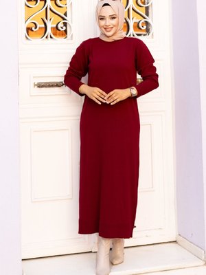 Bisiklet Yaka Triko Elbise Bordo