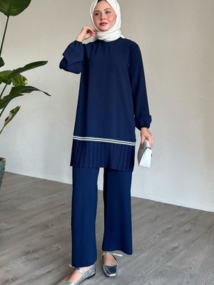 Etek Ucu Piliseli Biyeli Lacivert İkili Takım