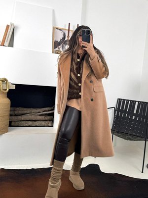 Bej Tüylü Kaşe Uzun Kaban