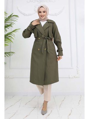 Haki Bel Ve Kol Kemerli Çizgili Trençkot