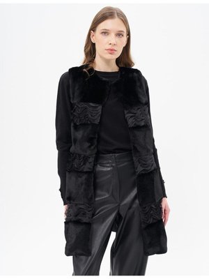 Deri Garnili Kürk Yelek Siyah Deri Garnili Kürk Yelek Siyah