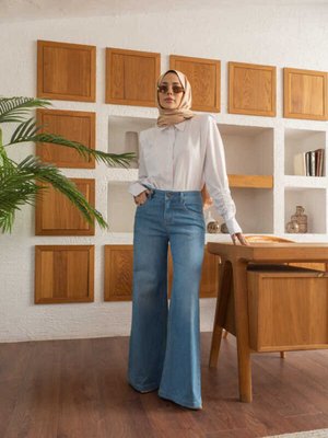 Denim Bol Paça Pantolon Mavi