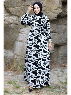 Beyaz Blok Desenli Beli Kuşaklı Viskon Elbise