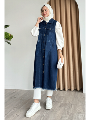 Eskitme Detay Koyu Mavi Kot Yelek Eskitme Detay Koyu Mavi Kot Yelek