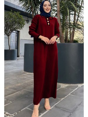 Oversize Düğmeli V Yaka Fitilli Triko Elbise