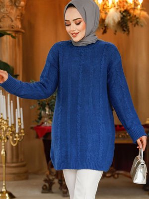 Örgü Desenli İndigo Mavisi Tunik Kazak