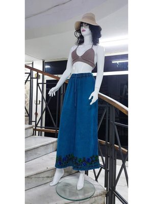 Turkuaz Otantik Nakış İşlemeli Harem Şalvar Lastikli Pantolon