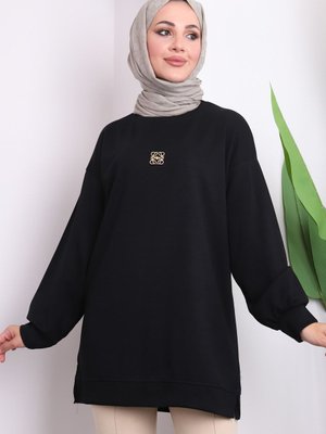 Siyah Aksesuarlı Modal İki İplik Tunik Siyah Aksesuarlı Modal İki İplik Tunik