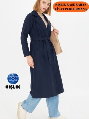 Lacivert Kuşaklı Kışlık Kaşe Kaban Astarsız