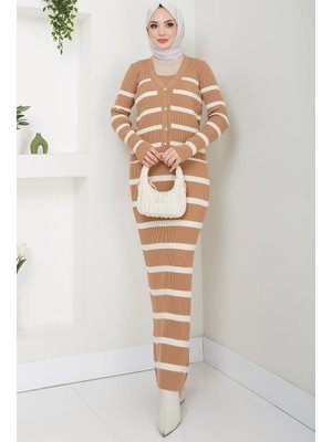 Camel Çizgili Ceketli Jile Triko Takım Camel Çizgili Ceketli Jile Triko Takım