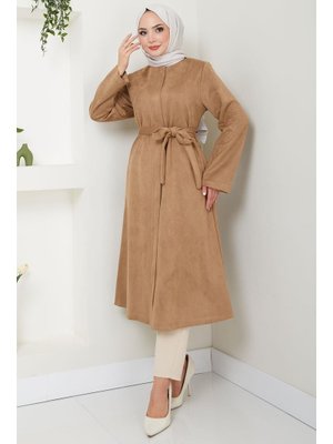 Camel Fermuarlı Kuşaklı Süet Kap