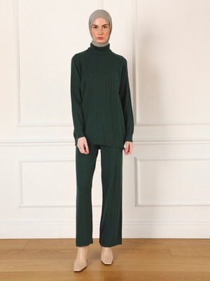 Kuşak Detaylı Tunik & Pantolon İkili Triko Takım Zümrüt Yeşili