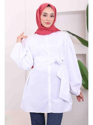 Beyaz Bel Kuşaklı Tunik