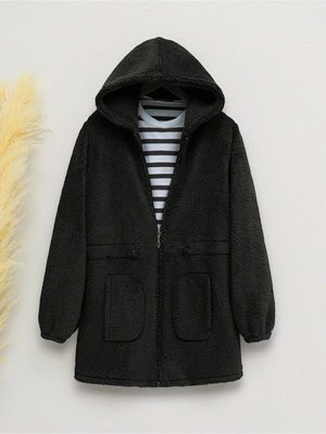 Beli Lastikli Kapüşonlu Fermuarlı Peluş Mont Beli Lastikli Kapüşonlu Fermuarlı Peluş Mont