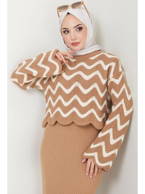 Camel Dalgalı Kazaklı Jile Triko Takım Camel Dalgalı Kazaklı Jile Triko Takım