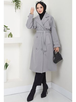 Gri Kruvaze Yaka Düğmeli Kuşaklı Kaşe Kaban Gri Kruvaze Yaka Düğmeli Kuşaklı Kaşe Kaban