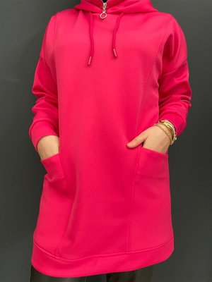 Fuşya Kapüşonlu Çepli Scuba Sweatshirt