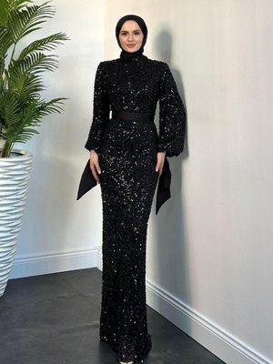 Firida Pul Payet Balık Abiye Elbise Siyah